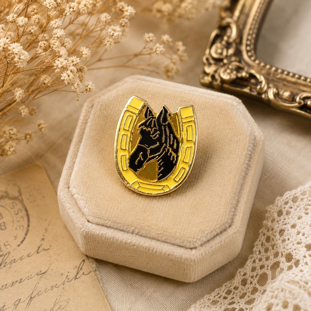 Vintage Style Black Horse Enamel Pin Yellow Horseshoe Gold Tone Lapel Equine